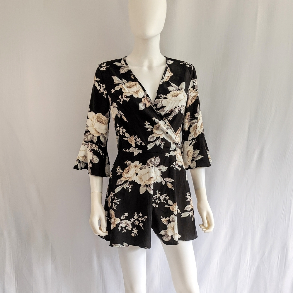 D&W Black Floral Flutter Sleeve Romper